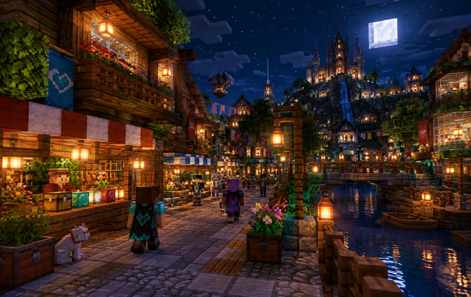Shopping-District bei Nacht mit Laternen und Spielern